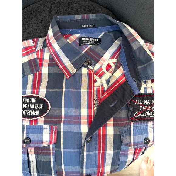 Parish Nation Mens Size XL Plaid Patches Distressed Shirt Casual Bound‎ Glory - Picture 12 of 12